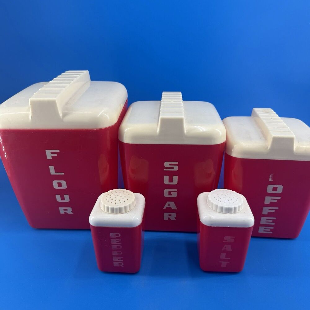 Vtg 50s Red Lustro Ware Kitchen Plastic Nesting Canister Set Lot Of 5 Containers
